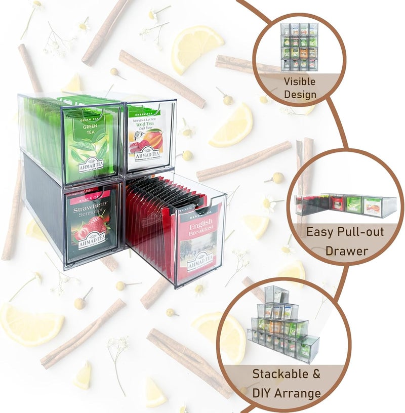 AZEZO 4-Pack Tea Bag Drawers Organizer - 4 Clear Plastic Drawer Tea Bag Holder; Stackable & Portable; Wider Size; Well-Organized Storage for Tea Bags & Kitchen Essentials - Image 4